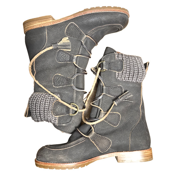 See By Chloe Black Leather Boots Size 5.5 EU 36 Grey Knit Trim Tassel Laces EUC - Picture 1 of 14